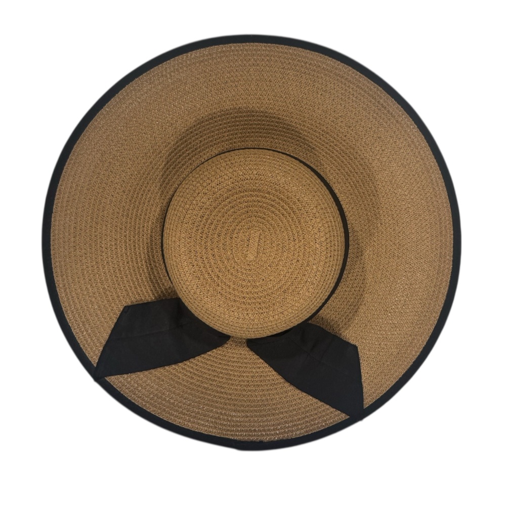 Stylish Tan Wide Brim Hat with Black Ribbon